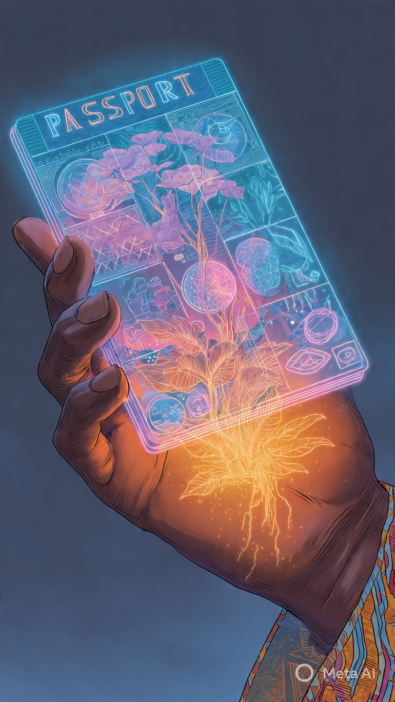 Digital Passport Concept - A glowing passport with digital connections