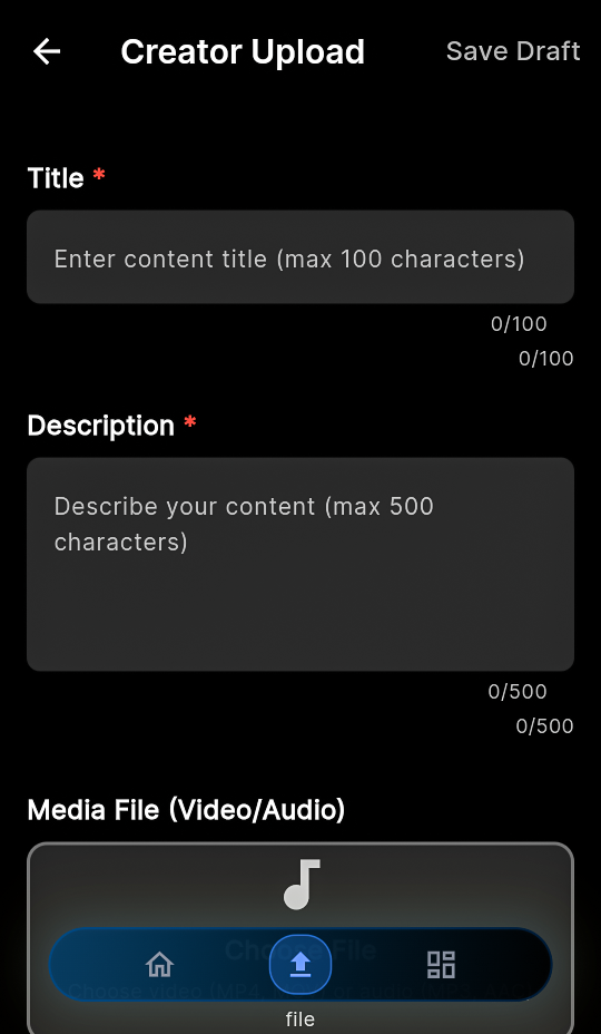 Creator Upload Screen